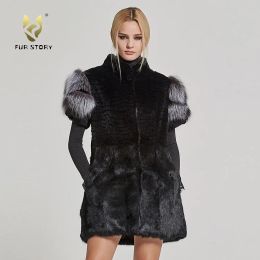 Bracelets Women's Vest Real Rabbit Fur Vest with Real Sliver Fox Fur Sleeve Fashion Lady Gilet Waistcoat Fur Storyfs17215