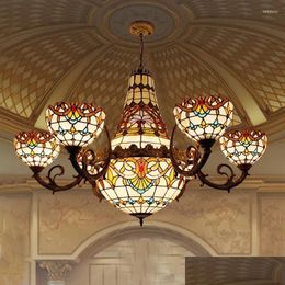 Chandeliers Retro Baroque Style 30Cm Mti Heads Stained Glass Hanging Light Living Room Pendent Lamp House Art Decor Led Drop Delivery Dh4Df