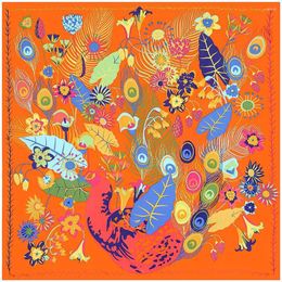 Scarves 2024 Silk Square Scarf Peacock Print Woman Scarves&Wraps Fashion Spanish Foulard Bandana Accessory 130cm