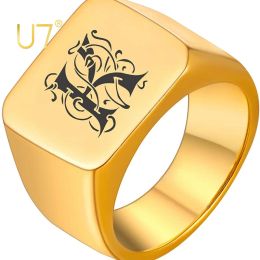 Rings U7 Custom Simple Monogram Ring Stainless Steel Cocktail Jewellery Engraved Vintage Initials Letter Name Ring for Men Women