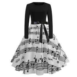 Dresses Women Long Sleeve Winter Vintage Dresses Sexy Black Music Note Print Vneck Rockabilly Pin up Party Dress Vestidos Plus Size