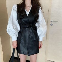 Bottles Faux Leather Vest Women Pu Femme Motorcycle Loose Sleeveless Sashes Waistcoat Autumn Korean Blouse Long Sleeve Female Shirt