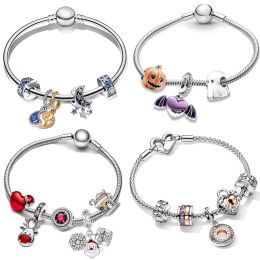 Bangles New 2023 Sterling Silver Brand Moments Studded Chain Bracelet Infinite Hearts Sparkling Clip Charm Lock Beads Women Bracelet Set