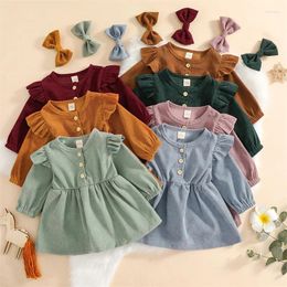 Girl Dresses 2024 Spring Toddler Baby Girls Corduroy Dress Cute Born Kids Ruffle Long Sleeves Cotton With Bow Headband Clothes