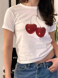 Women's T Shirts Women Summer Casual Top Short Sleeved Round Neck Cherry Printed Slim Fit T-Shirt Y2K Ultra Exposed Navel