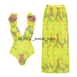 Women's Swimwear 2024 Fashion Women With Skirt Bathing Suit Summer New Ruffle Splice Print Beachwear Holiday Bikini Cover Ups OutfitsH2422003