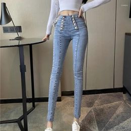 Women's Jeans Cropped Trousers High Waist S Pencil Denim Pants Woman Blue Short Slim Fit With Decorations And Capris Skinny For Women