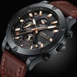 CRRJU Fashion Watch Men New Design Chronograph Big Face Quartz Wristwatches Men's Outdoor Sports Leather Watches orologio uom2426