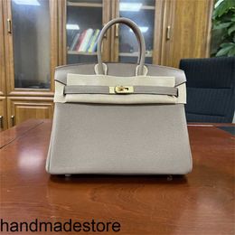 BK Tote Bag Hand-stitched Honey Wax Thread Home Togo Calfskin Turtledove Grey Leather Women's Buckle Handbag