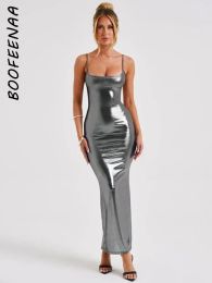 Dresses BOOFEENAA Spaghetti Strap Backless Bodycon Maxi Dress Metallic Silver Black Evening Dresses Woman Elegant Party Outfits C70BF21