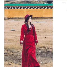 Stage Wear Tibetan Clothing Bola Ethnic Style Wine Red Dress V-neck 4 Seasons Cotton Lady Chinese Zang Person Love
