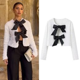 TRAF Sequin Butterfly Cropped Jackets for Women Bow Glitter Silvery White Black Jacket Fashion Crop Jacket Shiny Party Outerwear 240219