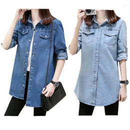 Women's Blouses Summer Female Denim Long Shirts Feminina Women Casual Cotton Jean Blouse 'S Tops Turn -Down Pockets Light Blue