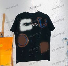 xinxinbuy Men designer Tee t shirt Hand drawn inkjet printing short sleeve cotton women Black white blue gray XS-2XL