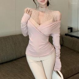 Women's T Shirts 2024 Spring V-neck Cross Pleated Solid Colour Casual Long-sleeved T-shirt Women Sexy Hollow Lace Camisole Two-piece Suit