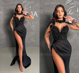 Sexy Arabic High Thigh Split Evening Dresses High Neck Black Prom Dress New Beads Sequins Sheer Long Sleeves Party Occasion Gowns For Women Formal BC18205