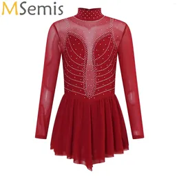 Stage Wear Kids Girls Shiny Rhinestone Ballet Lyrical Dress Sheer Mesh Patchwork Leotard Dresses Figure Skating Dance Performance Costume