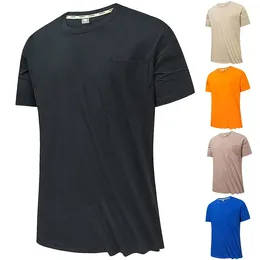 Men's T Shirts Summer Cotton Cover Polyester Shirt Crew Neck Pocket Solid Bright Quick Dry Versatile Loose Outdoor Sports