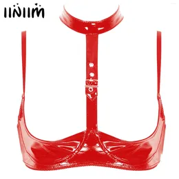 Bras Womens Porno Sexy Underwear Wet Look Patent Leather Lingerie Bralette Halter Neck Breast Open Cups Wire-free Shelf Bra Top