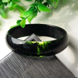 Bangles Natural Chinese Jade Dark Green Handcarved Wide Band Bracelet Fashion Boutique Jewellery Men and Women Black Jade Bracelet