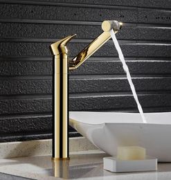 Deck Mounted Brushed Gold Waterfall Faucet Brass Bathroom Faucet Bathroom Basin Mixer Tap and Cold Sink D0393124335