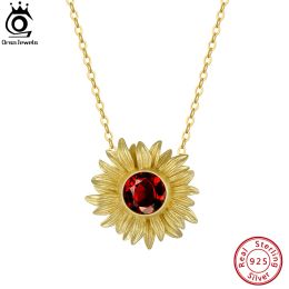 Pendants ORSA JEWELS Natural Garnet Sunflower Pendant Necklace Best Gift for Mother's Day Gift 14K Over 925 Silver Necklaces to Mom GMN22