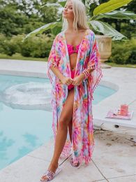 Accessories Bohemian Colour Tiedye Tunic Long Kimono Beach Dress 2023 Summer Plus Size Women Tops Self Belted Wrap Coat Maxi Dress A1295