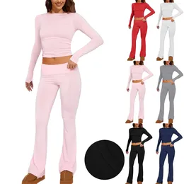 Women's Sleepwear 2 Piece Sets Fold Over Flare Pants Set Long Sleeve Cropped Top Casual Cocktail For Women Overalls Winter