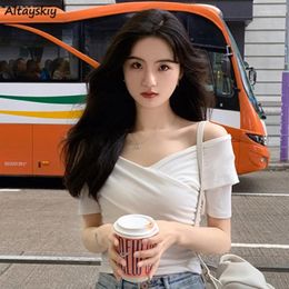Women's T Shirts Summer T-shirts Women Pure White Elegant Basic Slim All-match High Street Criss-cross Design Vintage Korean Crop Tops Tees