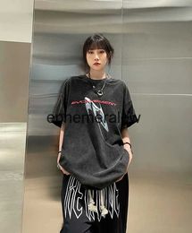 Women's T-Shirt simple washed black letter printed loose T-shirt for men and women summer street casual trendy brand short sleeved y2k emo topsH24220