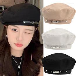 Berets Fashion Metal Buckle Women Beret Korean Girl Octagonal Cap Solid Colour Retro Painter Artist Hat Thin Cotton Spring Caps