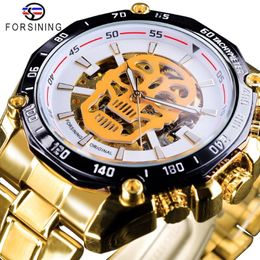 Forsining 2018 White Dial Fashion Skull Design Golden Skeleton Clock Luminous Hands Men's Automatic Watches Top Brand Luxury261F