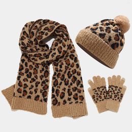 Scarves Elegant Leopard Printed Scarf Hat And Gloves Sets Women's Furry Knitting Mittens Set Autumn Winter Warm Beanie