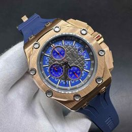 High quaility men watch Limited Edition VK quartz movement Rose gold case 45mm Blue dial Blue rubber men stopwatch.