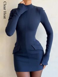 Dresses Women Elegant Dark Blue Mini Dress 2023 Autumn Sexy Pockets Long Sleeve Bodycon Dresses Office Lady Stand Collar Party Club Robe