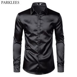 Mens Black Satin Luxury Dress Shirts Silk Smooth Men Tuxedo Shirt Slim Fit Wedding Party Prom Casual Chemise Homme 240219