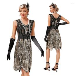 Casual Dresses 2024 Autumn Beading All Seaaon Women V-Neck Dress Lady 1920S Gown Gastby Vintage Sequin Art Deco Flapper Party