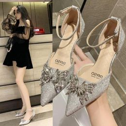 Dress Shoes Sandals For Women Party And Weddings Footwear With Medium Heels Ladies Silver Summer 2024 Pointed Toe Diamond Rhinestones