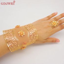 Bangles Fashion Dubai Gold Color Adjustable Chain Bangle & Ring For Women Indian France Flower Bracelet Jewellery African Wedding Gift