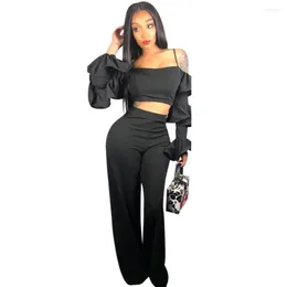 Women's Two Piece Pants Black Sexy Backless Suspender Ruffle Sleeve Two-piece Set 2024 Spring Short Top Long Straight Casual High Street
