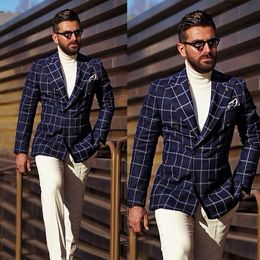 Wool Blend Men Suit Wedding Damier Cheque Peaked Lapel Two Buttons Groom Tuxedo Slim Fit Bridegroom Suits 1 Piece(Blazer)Custom Size