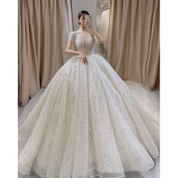 Arabic Sequined Wedding Dresses Handmade Crystals Beaded Ball Vestido Novia Bridal Dress Sweep Train Bohemian Lace Applique Vestidos De Noiva Plus Size Gown 403