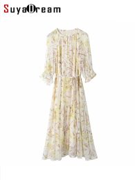 Dresses SuyaDream Women Maxi PrintedDresses 100%Real Silk Aline Belted Long Beach Dress 2023 Spring Summer Casual Clothes Beige