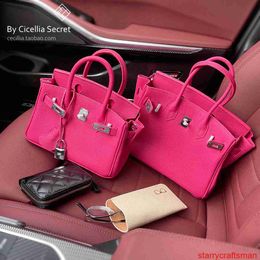 Genuine Leather Bags Trusted Luxury Handbag Cecilia 2024 New Genuine Leather Platinum Bag Togo Top Layer Cowhide Raspberry Red Rose Red Silver Button W with LOGO HBLN