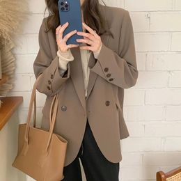 Women's Suits UNXX Spring Autumn Fashion Khaki Double Breasted Blazer Women Slight Strech Loose Fit Solid Colour Clothing