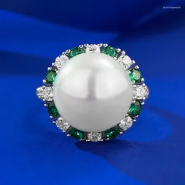 Cluster Rings SpringLady 925 Sterling Silver 12MM Pearl Lab Sapphire Emerald Gemstone Ring For Women Wedding Engagement Fine Jewelry Gifts