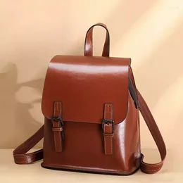 School Bags Genuine Leather Women Backpack Rucksack Shoulder Messenger Computer Oil Wax Cowhide Lady Female Book Bag Daypack