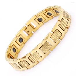 Link Bracelets 12mm Punk Gold Plate Germanium Stone Magnet Health Bracelet Men Women Hiphop Black Stainless Steel Magnetic Bangle Jewelry