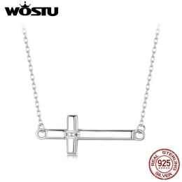 Necklaces WOSTU 925 Sterling Silver Simple Cross Pendant Necklace for Women Daily Wear Guard Zircon Chain Links Family Jewellery Girl Gift