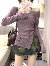 Women's Sweaters Slash Neck Hollow Out Knitted Sweater Women Loose Sweet Y2k Aesthetic Jumpers Japanese Casual Split Pullovers Trendy Tops